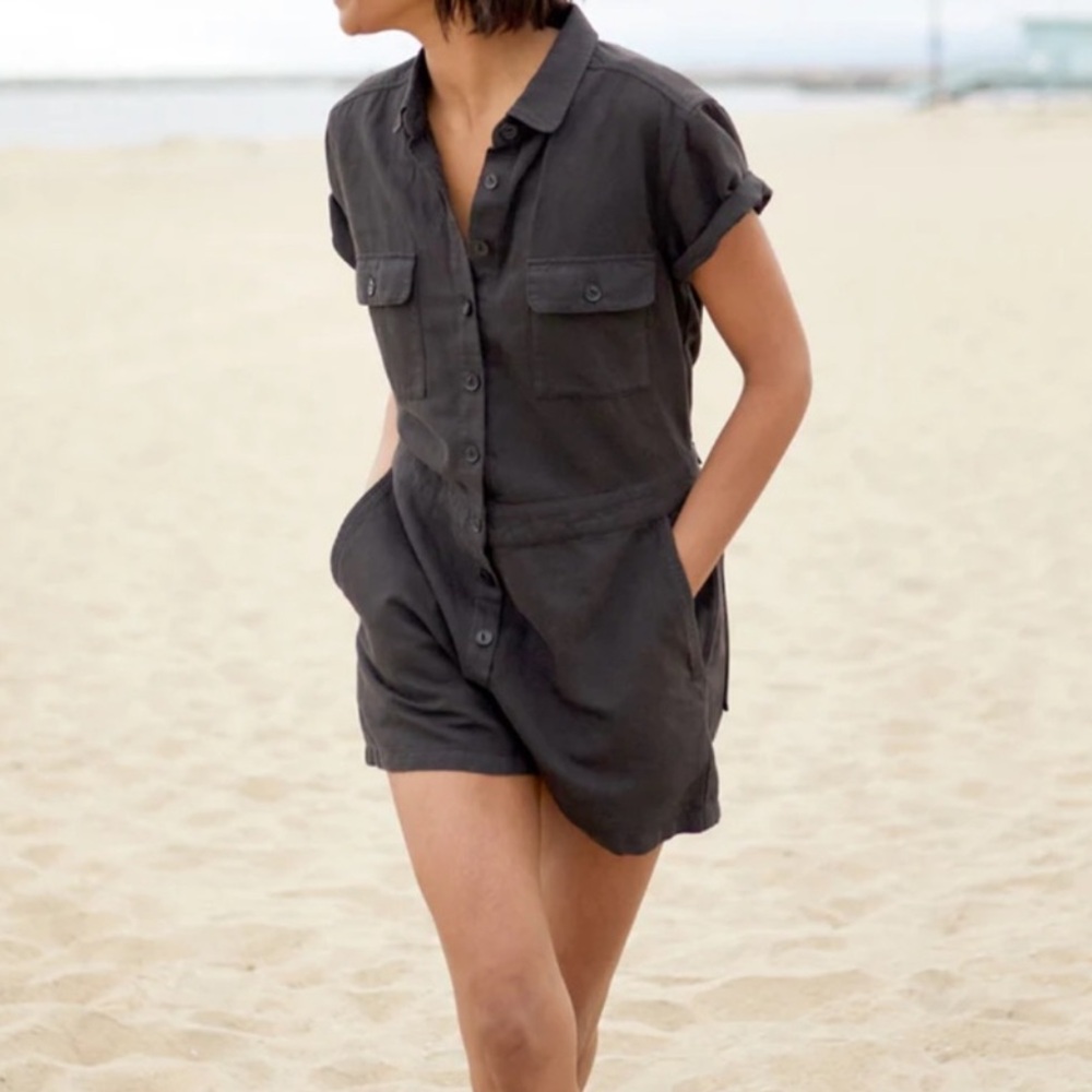 Outerknown black sleeve short talks romper size small organic cotton linen
